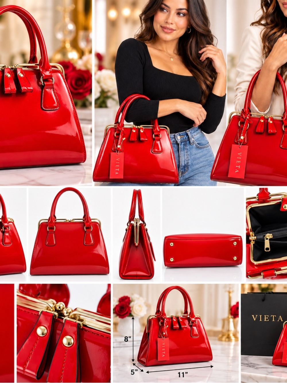 Vieta Red Patent Satchel with Gold Hardware